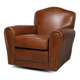 Elite French Swivel Brown Leather Club Chair - LOOMLAN - Sarreid - Club Chairs