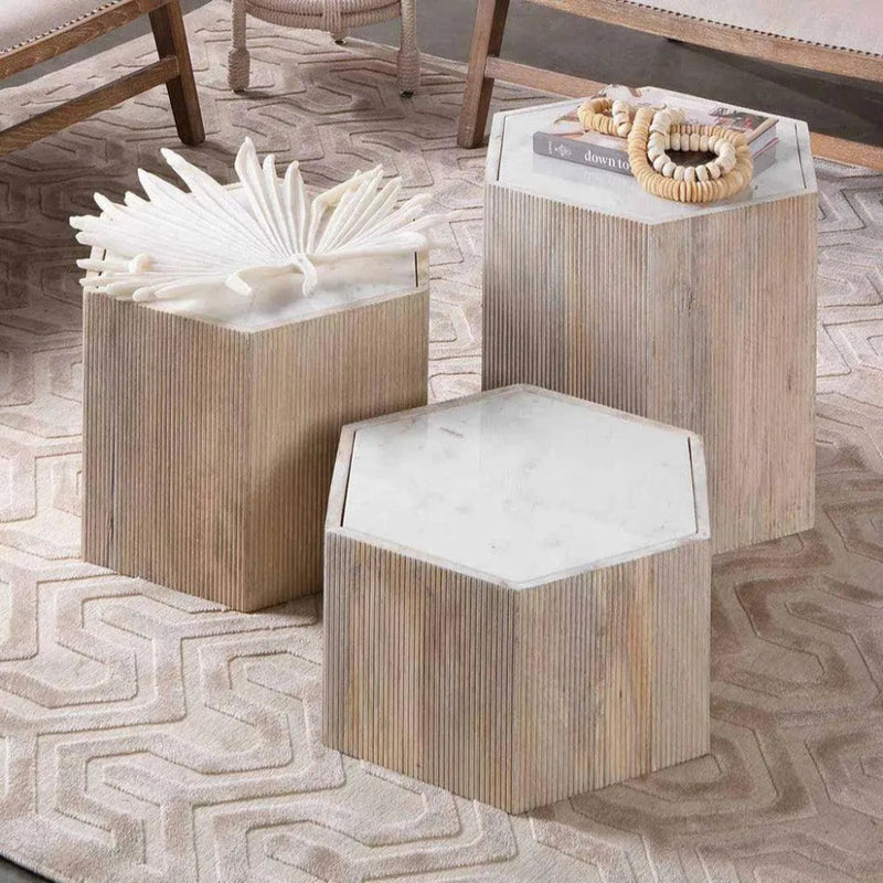 Hexagon Cream MarbleSolid Wood End Table Argan - Large - LOOMLAN - Jamie Young - Side Tables