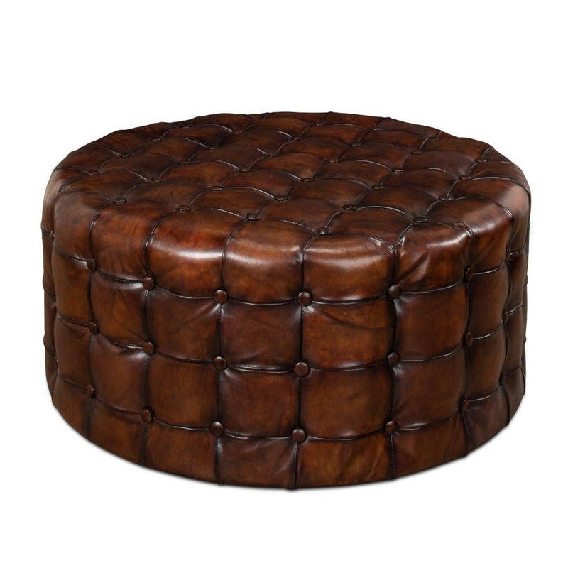 Leather Tufted Round Ottoman - LOOMLAN - Sarreid - Ottomans