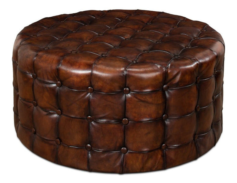 Leather Tufted Round Ottoman - LOOMLAN - Sarreid - Ottomans