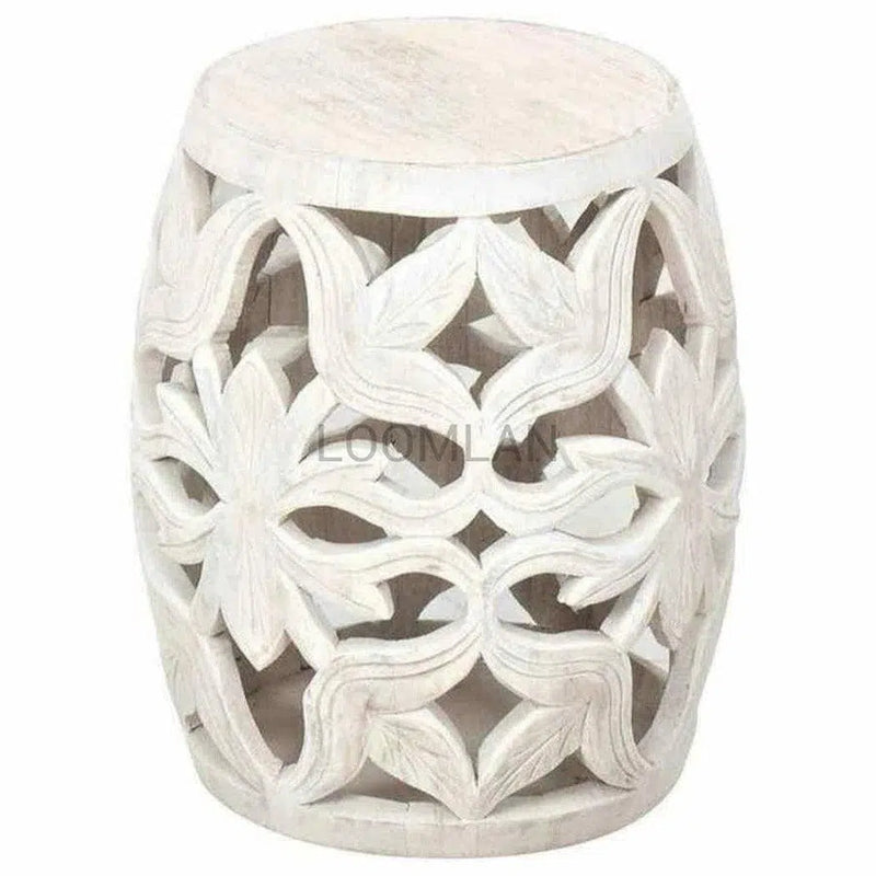 14" Carved Wood White Wash Round Drum Side Accent Table Side Tables LOOMLAN By LOOMLAN