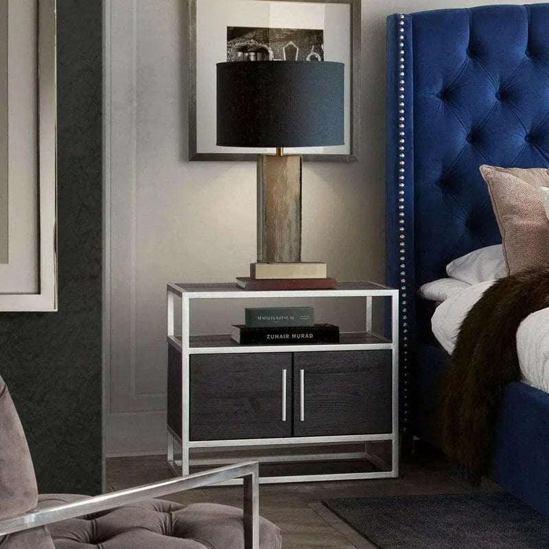 2-Door End Table in Dark Brown With Silver Metal Frame Nightstands LOOMLAN By Diamond Sofa