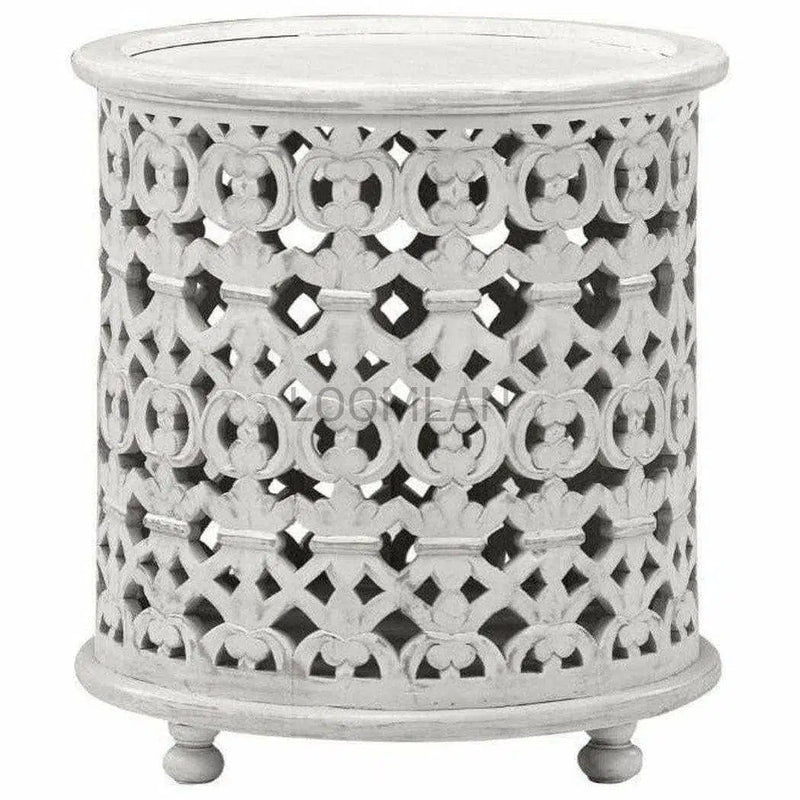 24" Round Drum Hand Carved White Wash Accent Table Side Tables LOOMLAN By LOOMLAN