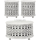 24" Round Drum Hand Carved White Wash Accent Table Side Tables LOOMLAN By LOOMLAN