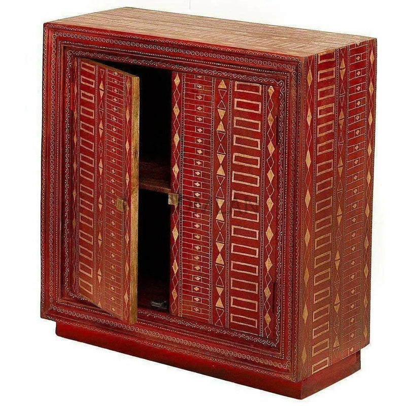 32" Distressed Red and Gold Hand Painted 2 Door Accent Cabinet Accent Cabinets LOOMLAN By LOOMLAN