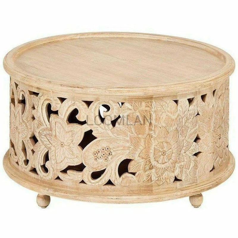 35" Bohemian Carved Wood Round Drum Coffee Table Coffee Tables LOOMLAN By LOOMLAN