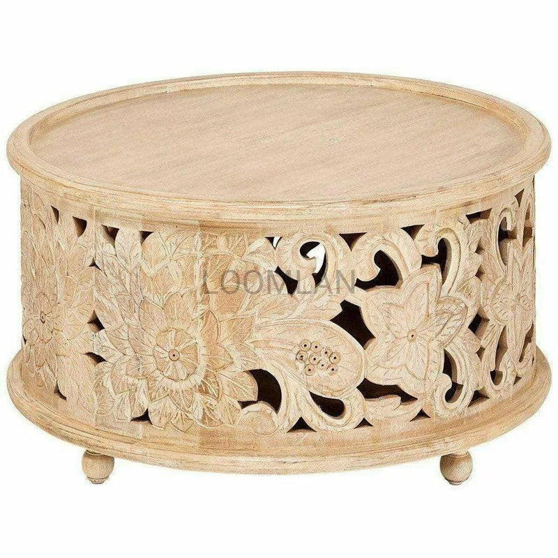 35" Bohemian Carved Wood Round Drum Coffee Table Coffee Tables LOOMLAN By LOOMLAN