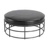 35" Round Black Leather Ottoman Coffee Table Iron Base Industrial Coffee Tables LOOMLAN By LH Imports