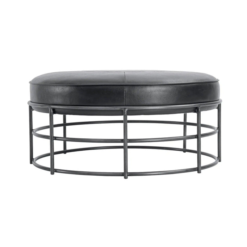 35" Round Black Leather Ottoman Coffee Table Iron Base Industrial Coffee Tables LOOMLAN By LH Imports