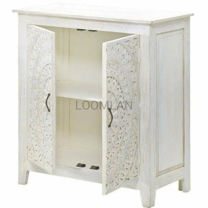 38" White Washed Hand Carved Lace Mandala Design Accent Cabinet Accent Cabinets LOOMLAN By LOOMLAN