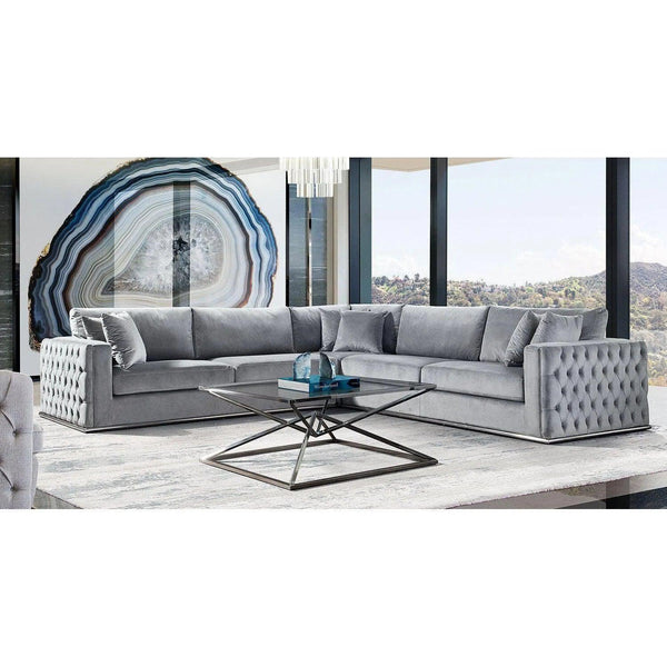 3PC Sectional Tufted Grey Velvet Silver Metal Trim Sectionals LOOMLAN By Diamond Sofa