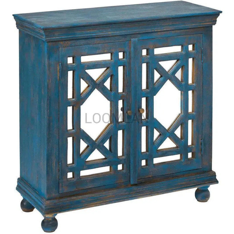 40" Distressed Navy Blue Mirrored Overlay Doors Accent Cabinet Accent Cabinets LOOMLAN By LOOMLAN