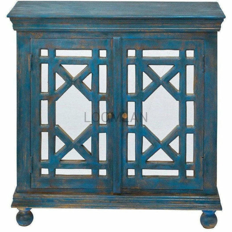 40" Distressed Navy Blue Mirrored Overlay Doors Accent Cabinet Accent Cabinets LOOMLAN By LOOMLAN