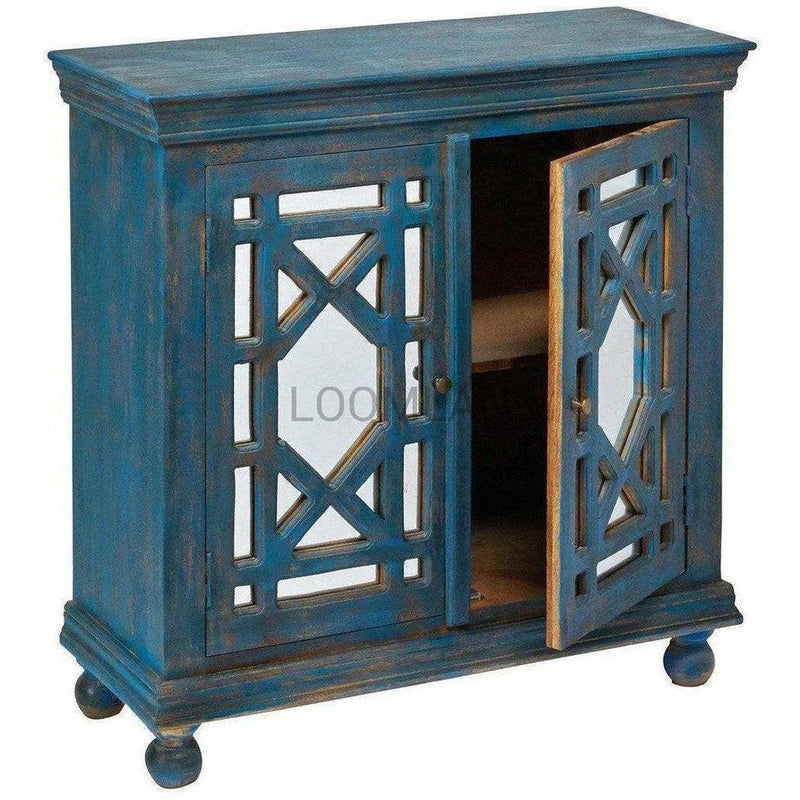 40" Distressed Navy Blue Mirrored Overlay Doors Accent Cabinet Accent Cabinets LOOMLAN By LOOMLAN