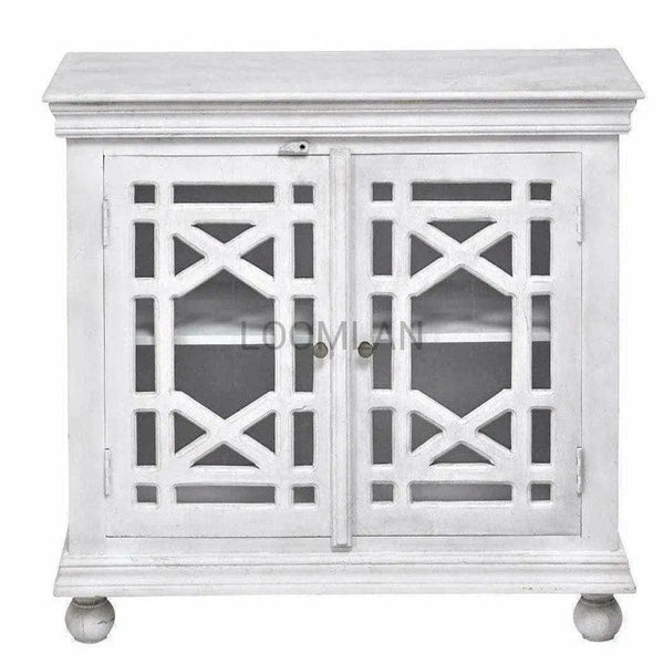 40" Distressed White Glass Trellis Doors Accent Cabinet Accent Cabinets LOOMLAN By LOOMLAN