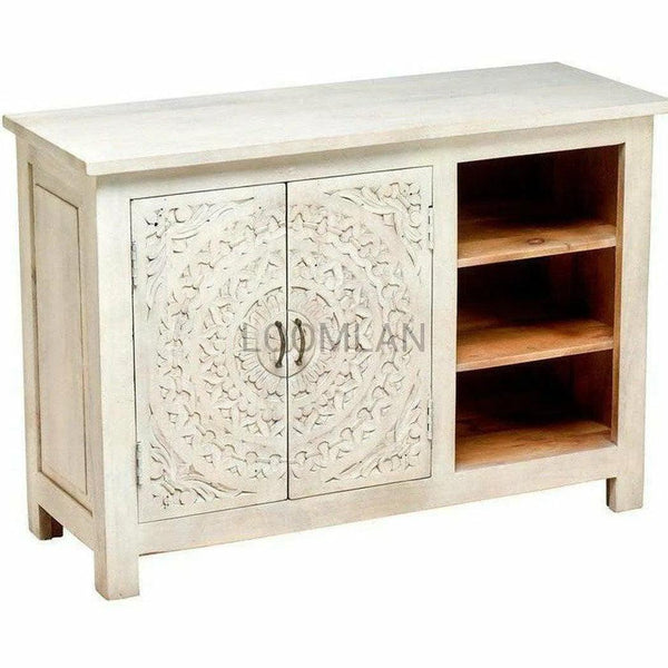 46" Antiqued White Distressed Hand Carved TV Stand TV Stands & Media Centers LOOMLAN By LOOMLAN