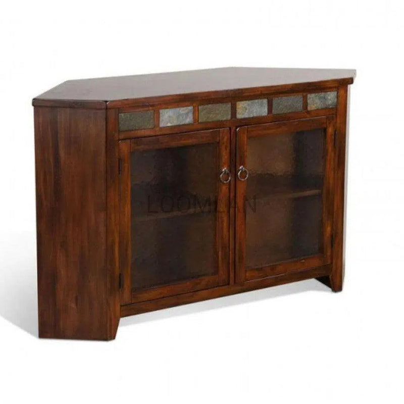 55" Dark Brown Wood Corner TV Stand Media Console With Glass Doors TV Stands & Media Centers LOOMLAN By Sunny D