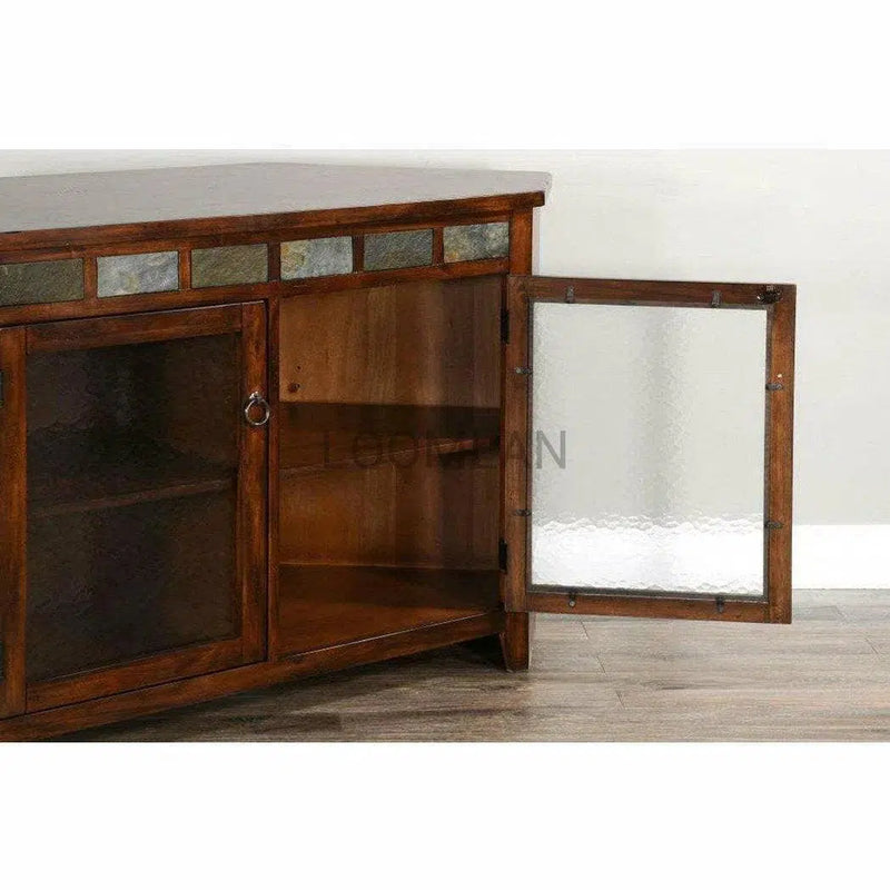 55" Dark Brown Wood Corner TV Stand Media Console With Glass Doors TV Stands & Media Centers LOOMLAN By Sunny D