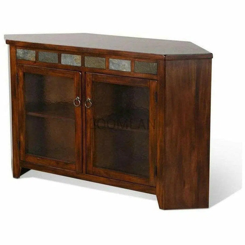 55" Dark Brown Wood Corner TV Stand Media Console With Glass Doors TV Stands & Media Centers LOOMLAN By Sunny D