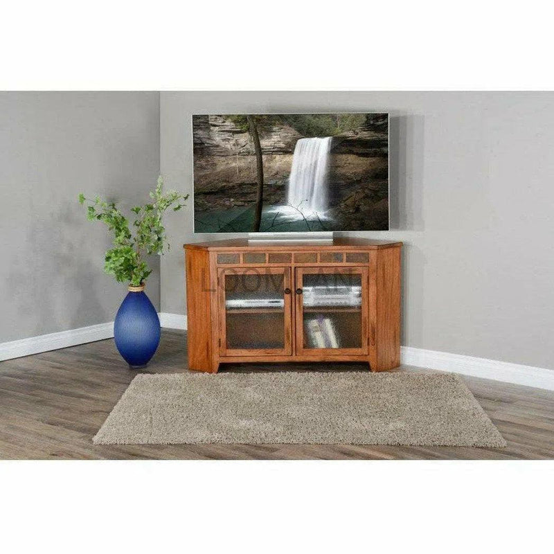 55" Oak Wood Corner TV Stand Media Console With Glass Doors TV Stands & Media Centers LOOMLAN By Sunny D