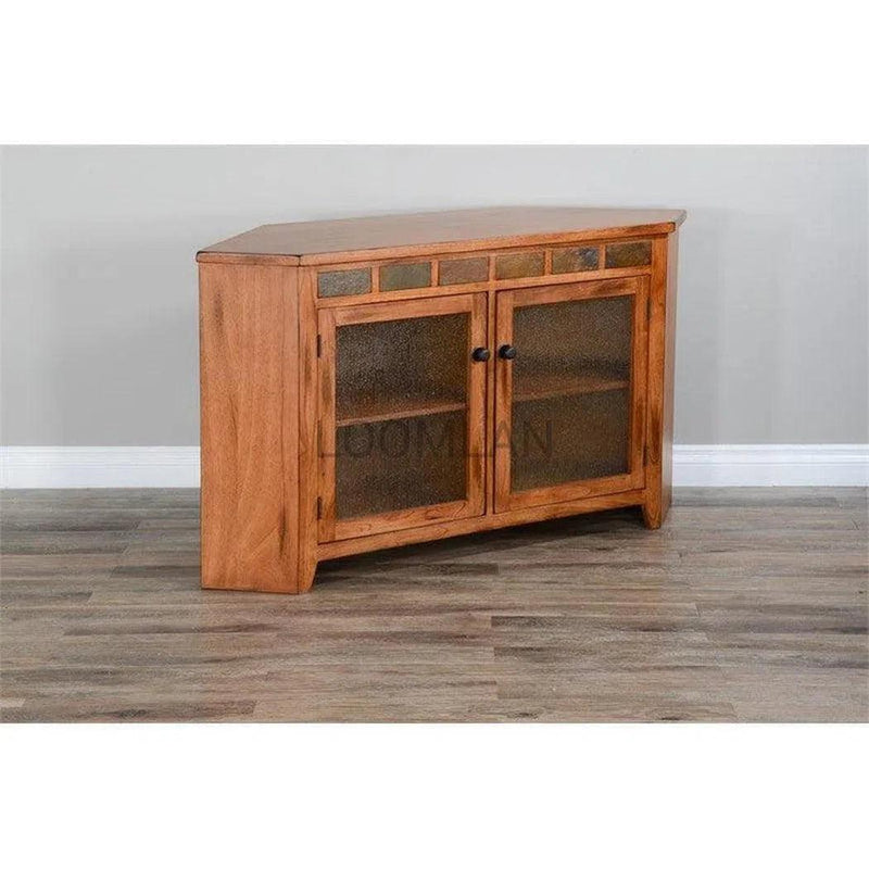 55" Oak Wood Corner TV Stand Media Console With Glass Doors TV Stands & Media Centers LOOMLAN By Sunny D