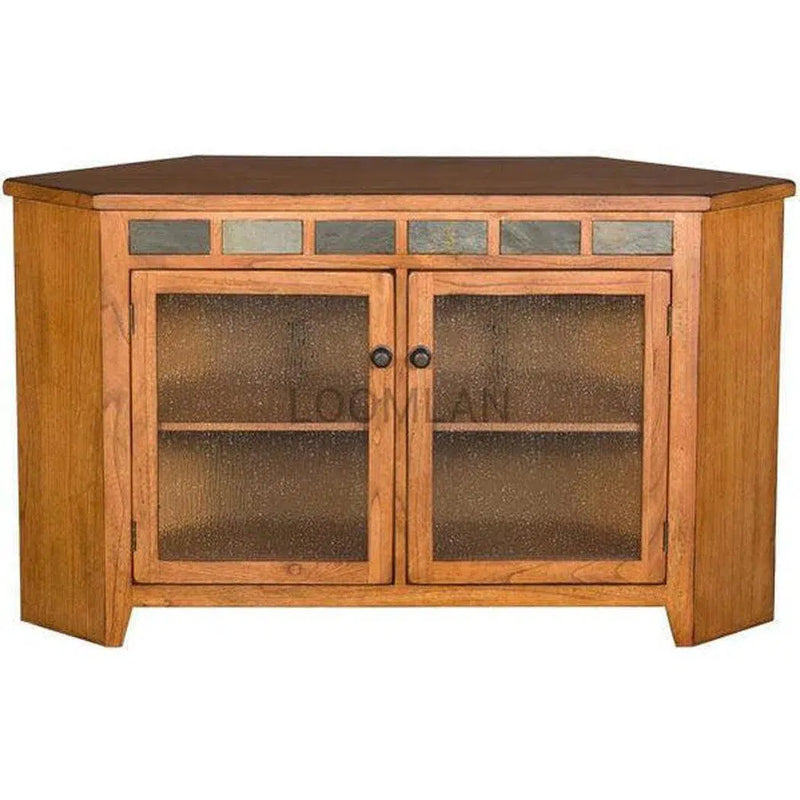 55" Oak Wood Corner TV Stand Media Console With Glass Doors TV Stands & Media Centers LOOMLAN By Sunny D