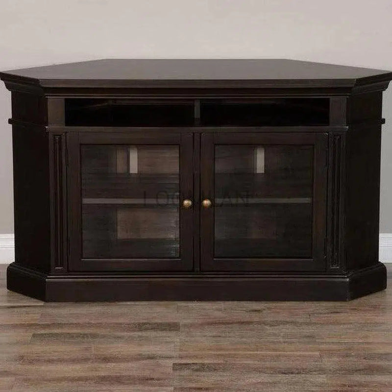 55" Wide Black Wood Corner TV Stand Media Console With Glass Doors TV Stands & Media Centers LOOMLAN By Sunny D