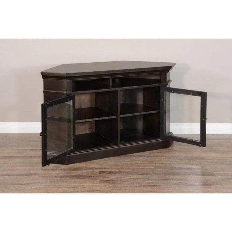 55" Wide Black Wood Corner TV Stand Media Console With Glass Doors TV Stands & Media Centers LOOMLAN By Sunny D