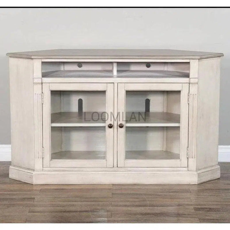 55" Wide Off White Wood Corner TV Stand Media Console With Glass Doors TV Stands & Media Centers LOOMLAN By Sunny D