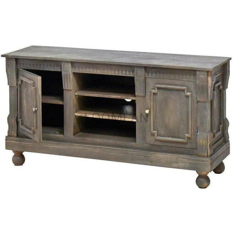 58" Solid Wood Hand Carved TV Stand Cabinet Dark Brown TV Stands & Media Centers LOOMLAN By LOOMLAN