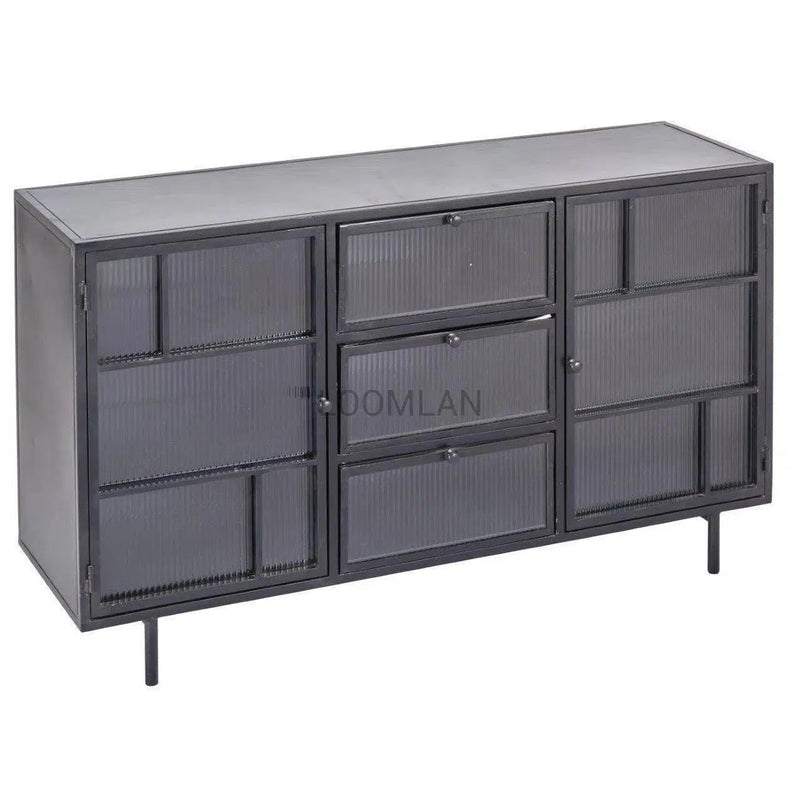 60" Retro 3 Drawer Windowpane Glass Doors Metal Frame Buffet Sideboards LOOMLAN By LOOMLAN