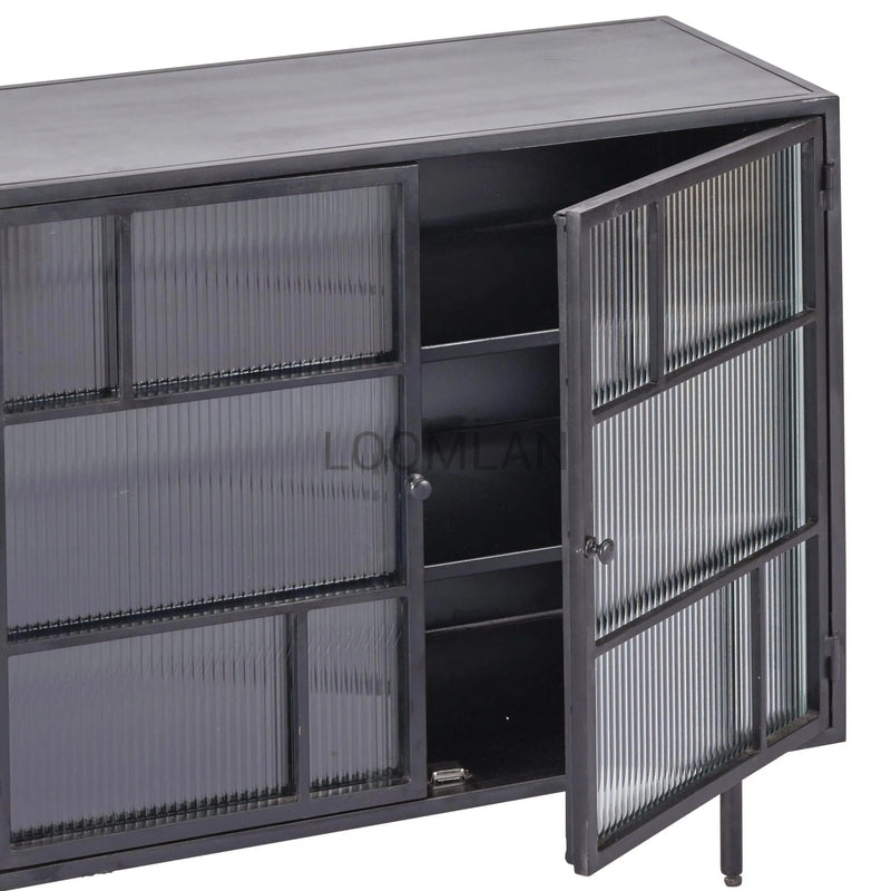 60" Retro 3 Drawer Windowpane Glass Doors Metal Frame Buffet Sideboards LOOMLAN By LOOMLAN