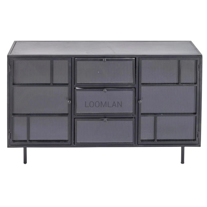 60" Retro 3 Drawer Windowpane Glass Doors Metal Frame Buffet Sideboards LOOMLAN By LOOMLAN