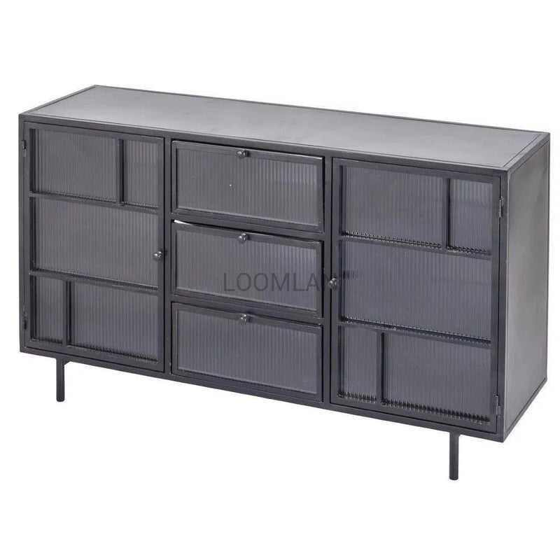 60" Retro 3 Drawer Windowpane Glass Doors Metal Frame Buffet Sideboards LOOMLAN By LOOMLAN