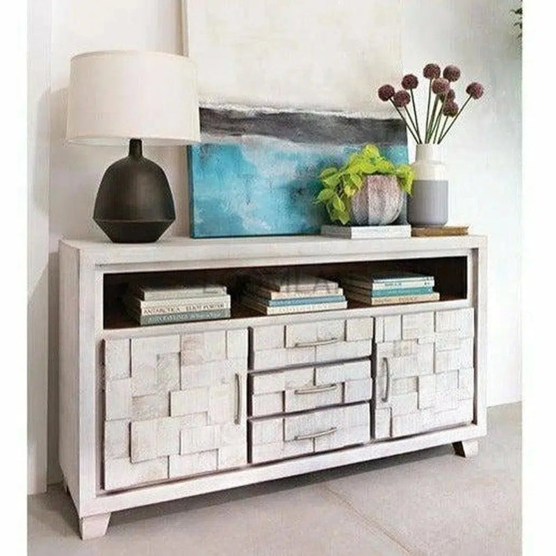 64" Mosaic White TV Stand Cabinet with 3 Drawers Hand Carved TV Stands & Media Centers LOOMLAN By LOOMLAN