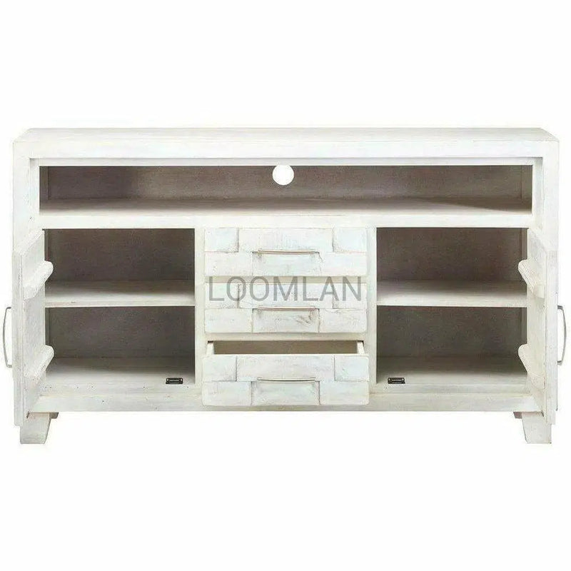 64" Mosaic White TV Stand Cabinet with 3 Drawers Hand Carved TV Stands & Media Centers LOOMLAN By LOOMLAN