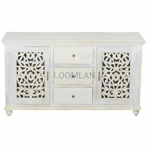 64" White bohemian sideboard with 3 drawers and carved doors Sideboards LOOMLAN By LOOMLAN