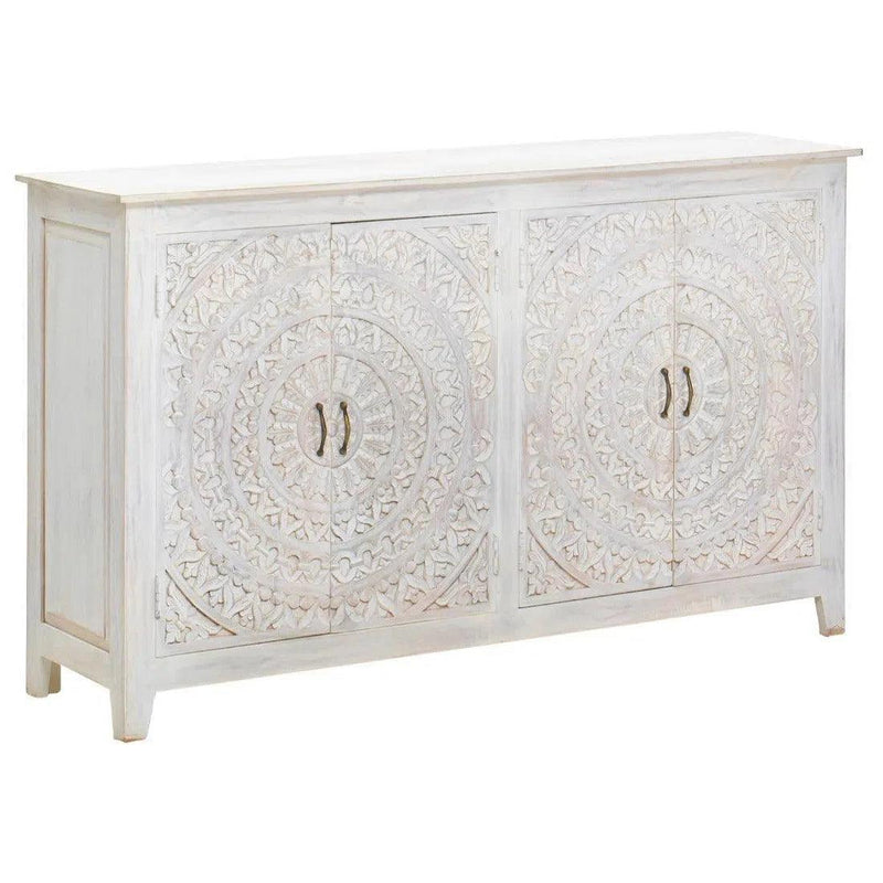 64" White Carved Mandala 4 Door Sideboard Buffet Boho Chic Sideboards LOOMLAN By LOOMLAN