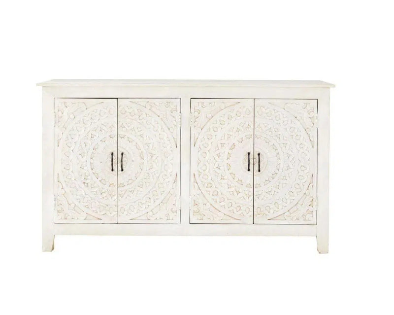 64" White Carved Mandala 4 Door Sideboard Buffet Boho Chic Sideboards LOOMLAN By LOOMLAN