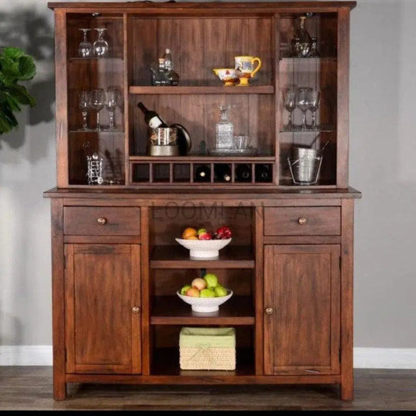 64x80 Brown Wood Buffet With Hutch Home Bar Serving Station Buffets & Curios LOOMLAN By Sunny D