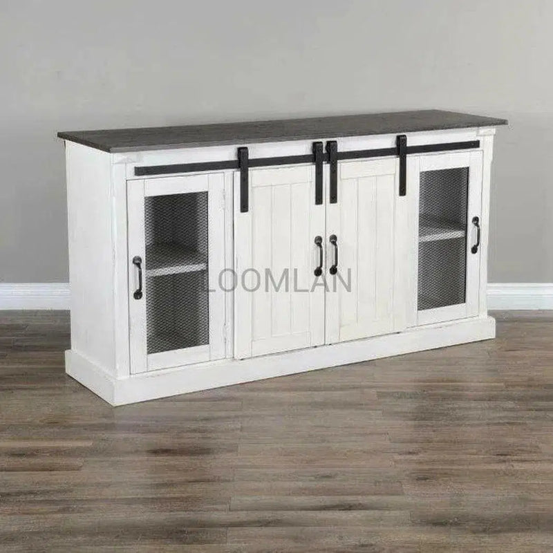 65" White TV Stand Credenza With Sliding Doors White Wash Cabinet TV Stands & Media Centers LOOMLAN By Sunny D