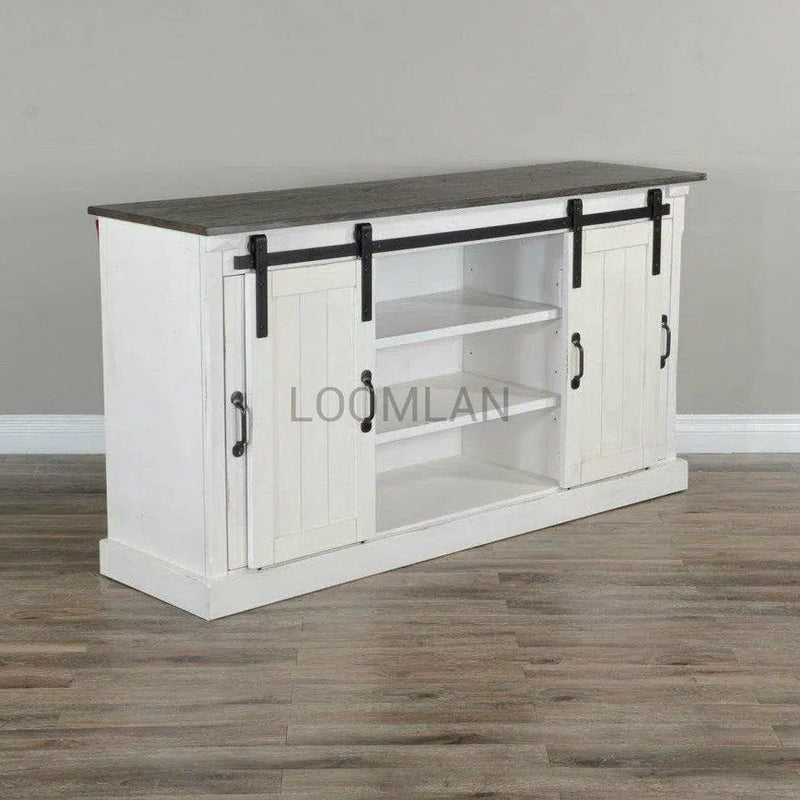 65" White TV Stand Credenza With Sliding Doors White Wash Cabinet TV Stands & Media Centers LOOMLAN By Sunny D