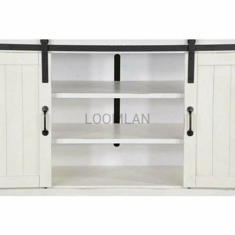 65" White TV Stand Credenza With Sliding Doors White Wash Cabinet TV Stands & Media Centers LOOMLAN By Sunny D