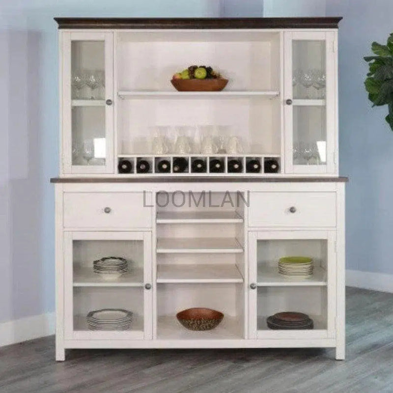 66x80 White Wood Buffet With Hutch Home Bar Serving Station Buffets & Curios LOOMLAN By Sunny D