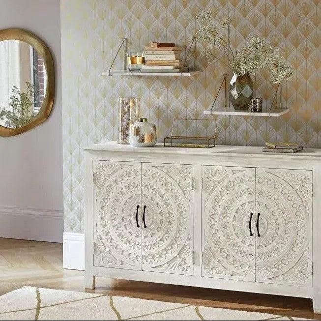 68" White Carved Mandala 4 Door Sideboard Buffet Boho Chic Sideboards LOOMLAN By LOOMLAN