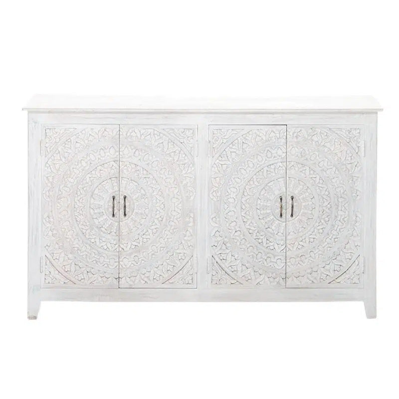 68" White Carved Mandala 4 Door Sideboard Buffet Boho Chic Sideboards LOOMLAN By LOOMLAN