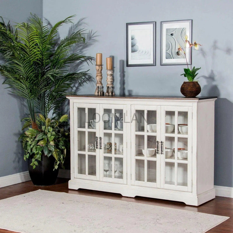 69" White Buffet Server With Windowpane Glass Doors Curio Cabinet Sideboards LOOMLAN By Sunny D