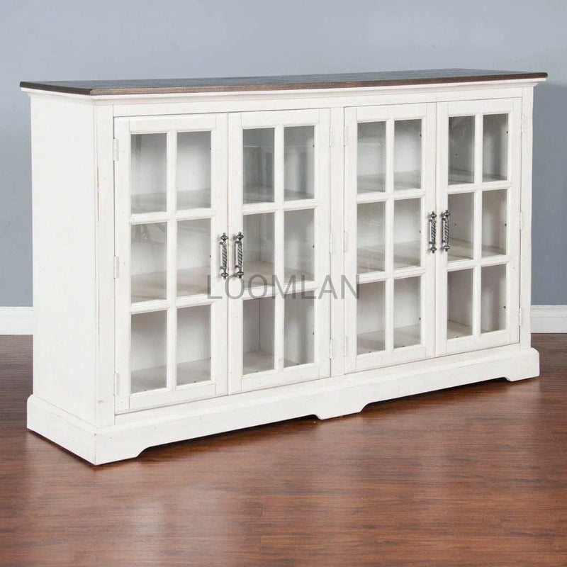 69" White Buffet Server With Windowpane Glass Doors Curio Cabinet Sideboards LOOMLAN By Sunny D