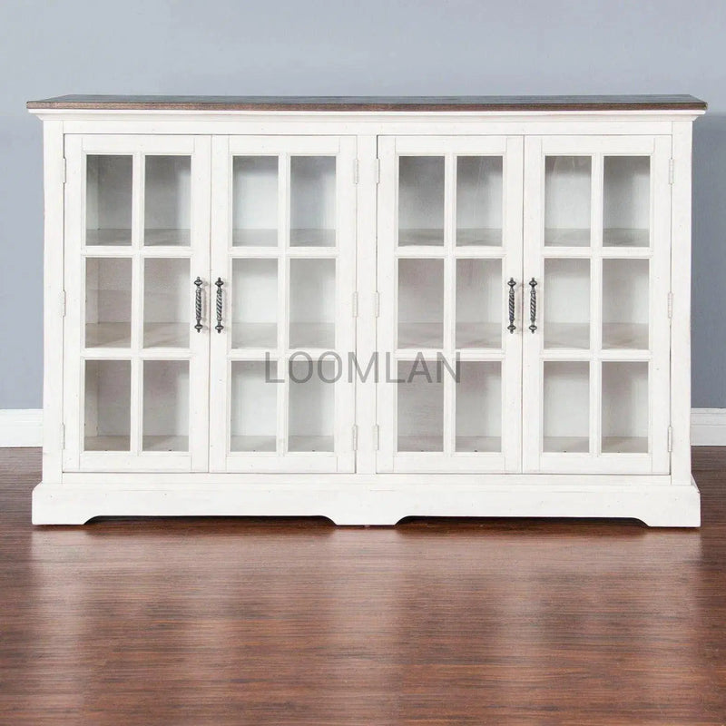 69" White Buffet Server With Windowpane Glass Doors Curio Cabinet Sideboards LOOMLAN By Sunny D