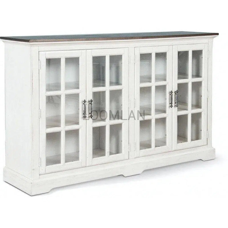 69" White Buffet Server With Windowpane Glass Doors Curio Cabinet Sideboards LOOMLAN By Sunny D